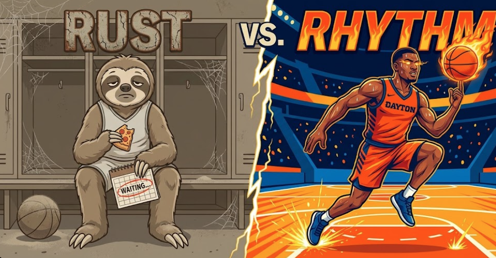 A basketball player in a “Dayton” jersey is dribbling dynamically on a glowing basketball court.